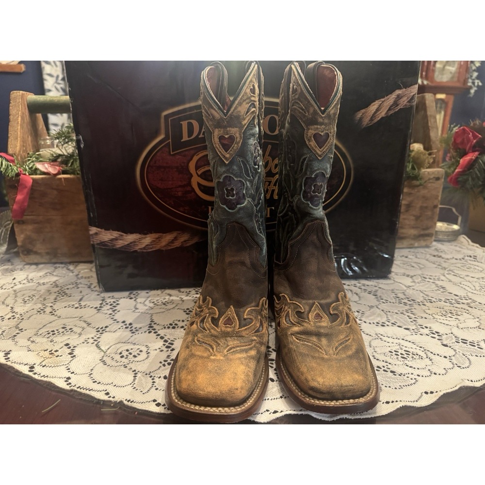 Dan Post Vintage Bluebird Teal & Chocolate Leather Boots, size 6.5 M Women's